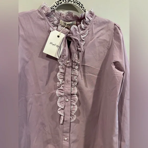 Pink Ruffled Long Sleeve Blouse with Bib Collar - Picture 3 of 10